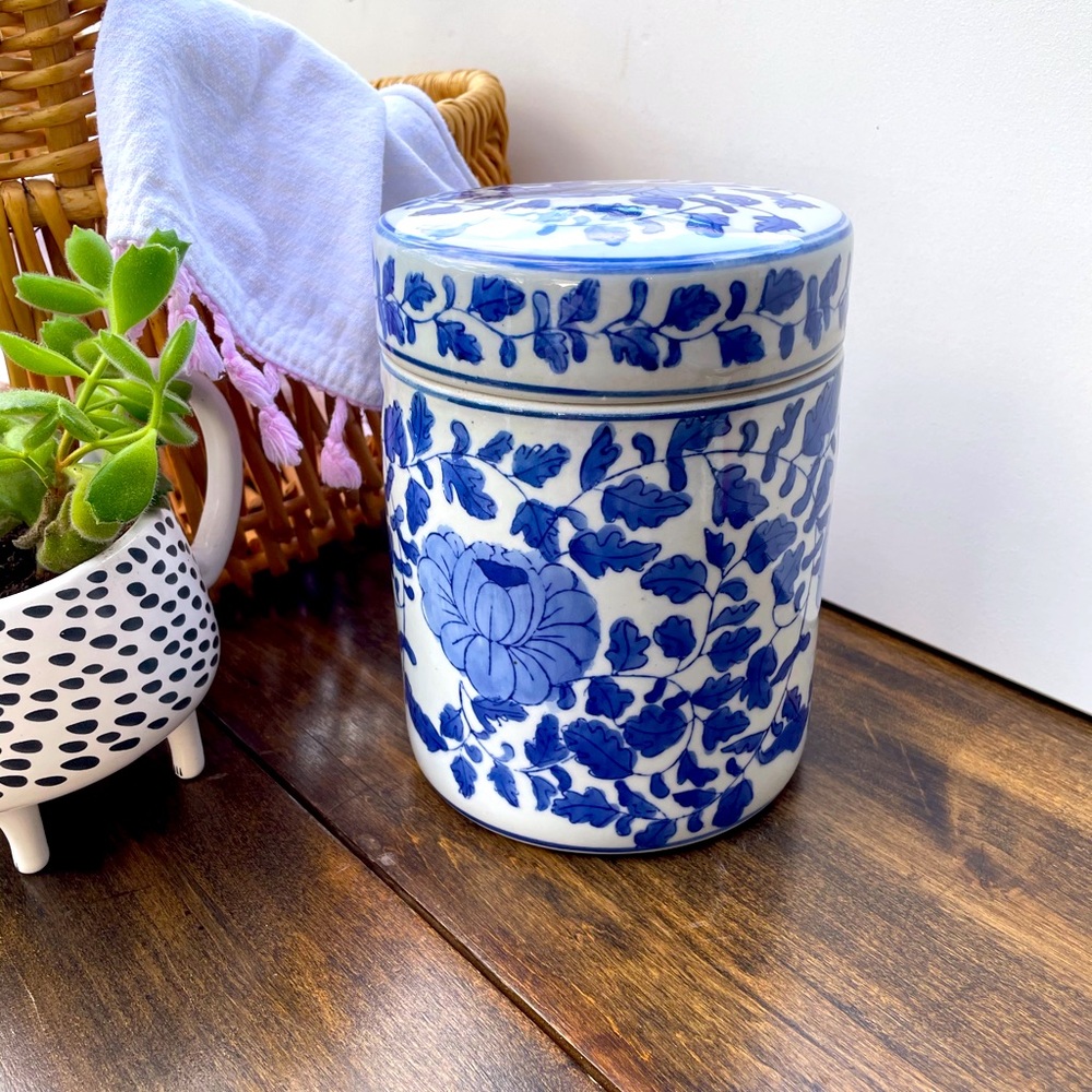 Blue & White Stoneware Canister with Lid
